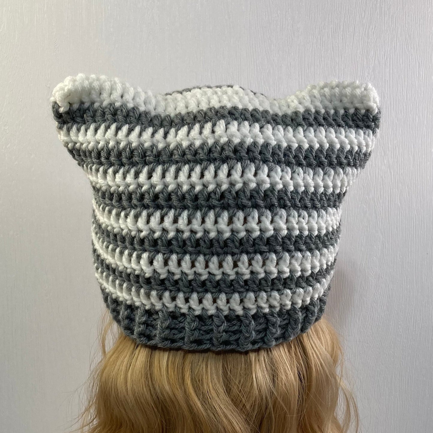 Crochet Cat Ear Beanie - Gray and White