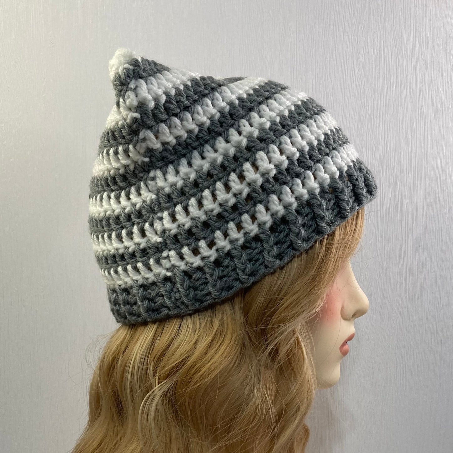 Crochet Cat Ear Beanie - Gray and White