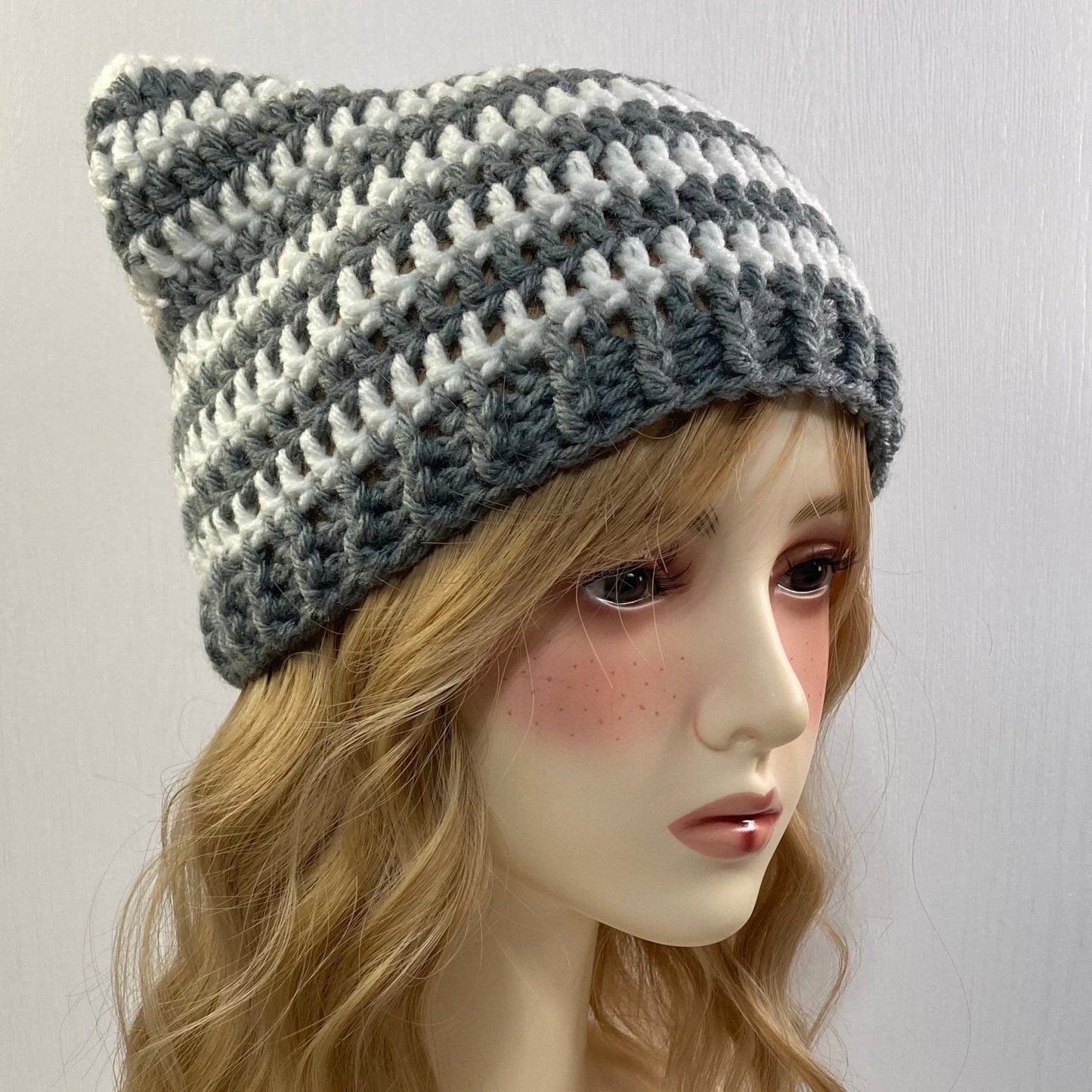 Crochet Cat Ear Beanie - Gray and White