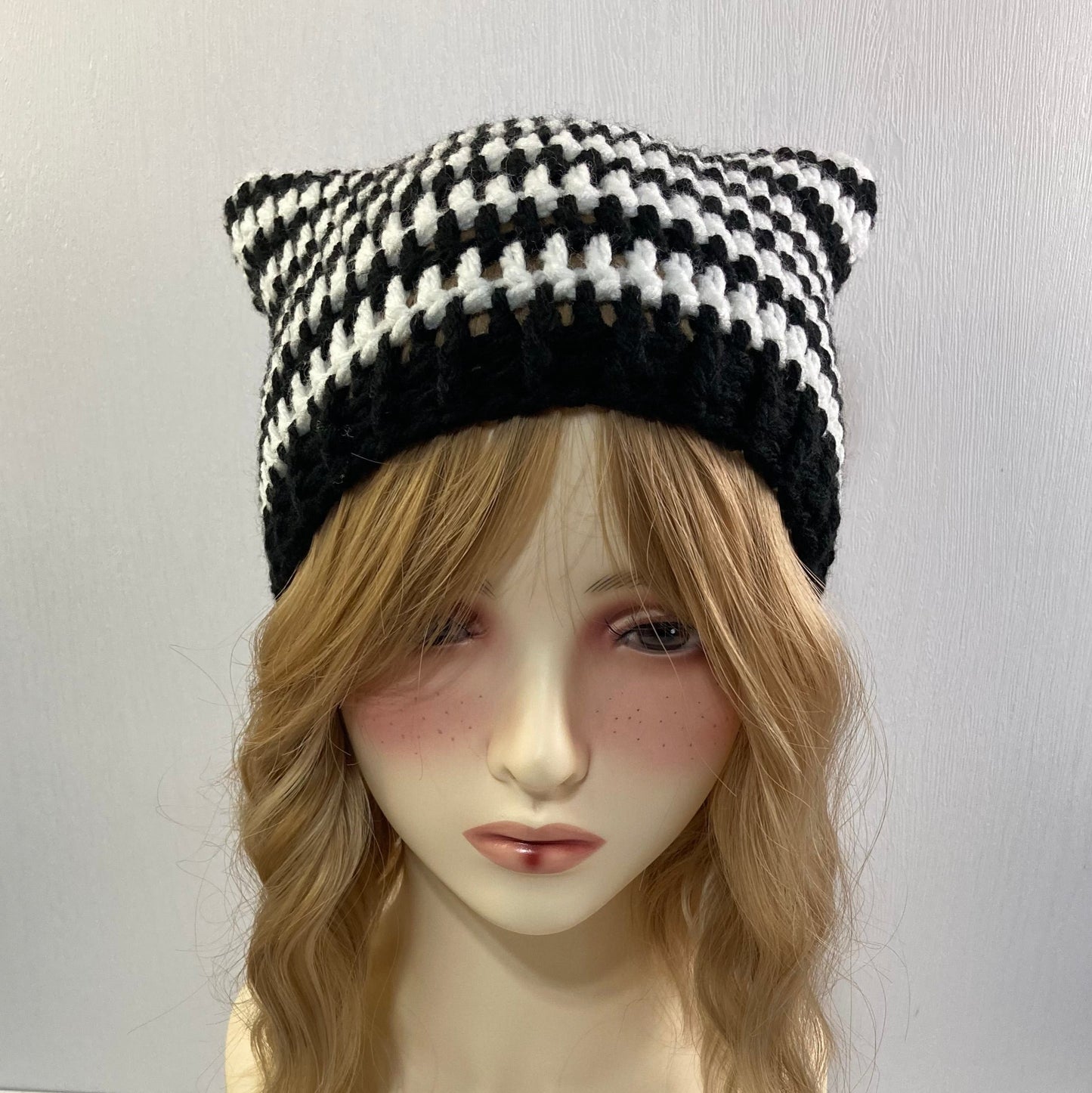 Crochet Cat Ear Beanie - Black and White