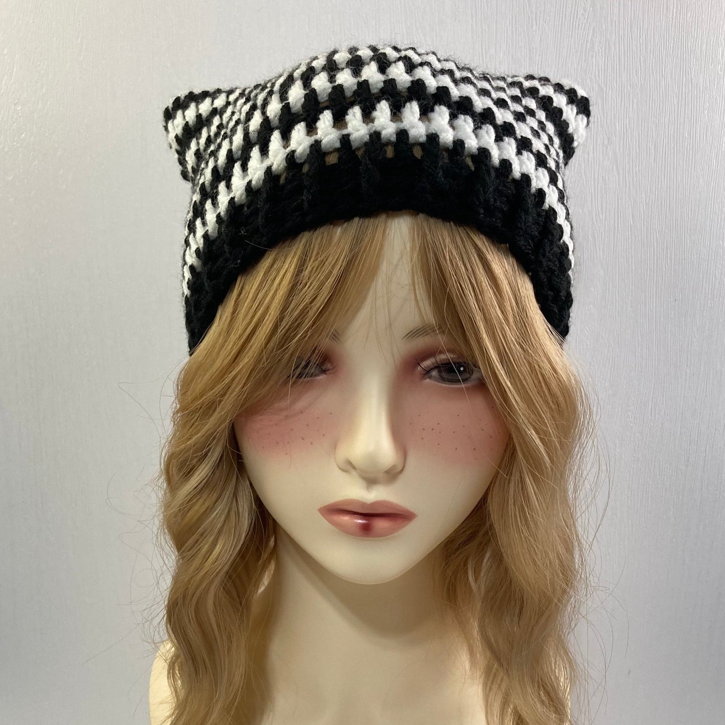 Crochet Cat Ear Beanie - Black and White