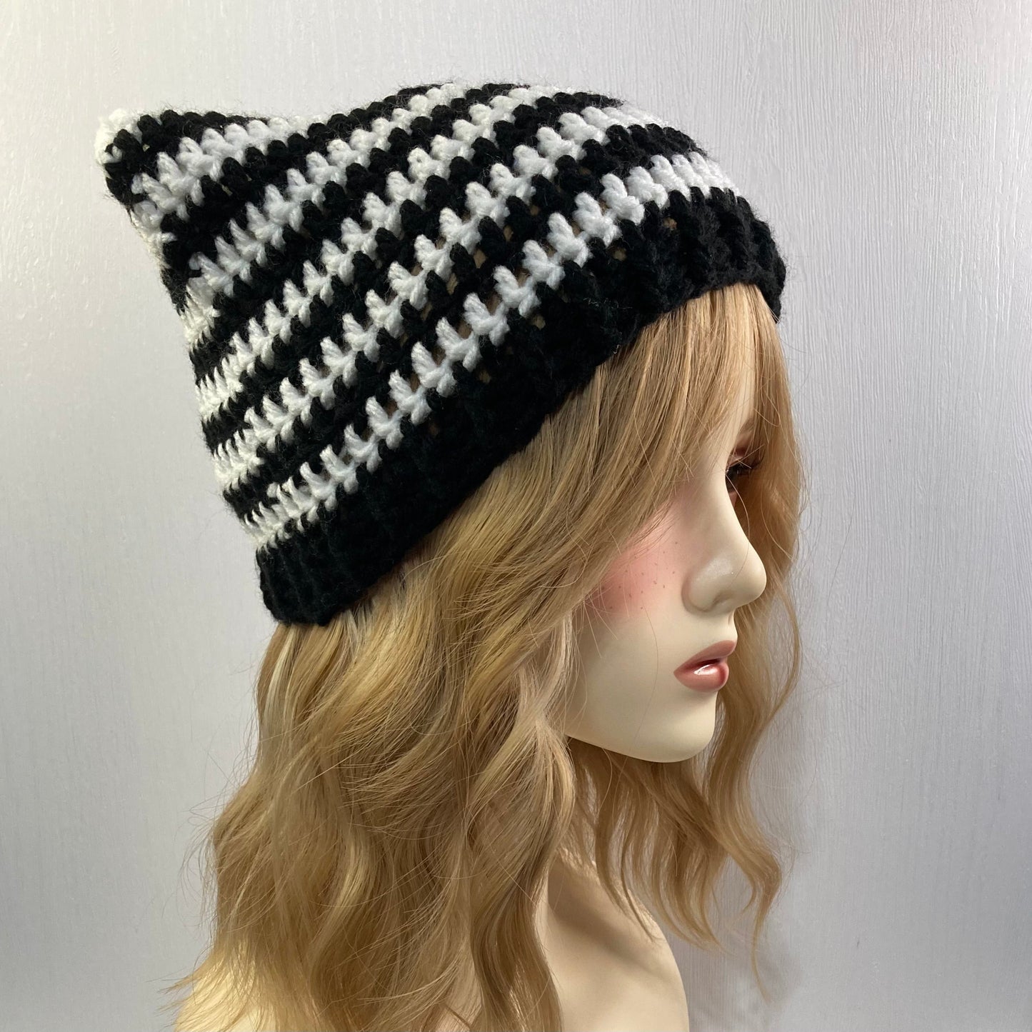 Crochet Cat Ear Beanie - Black and White