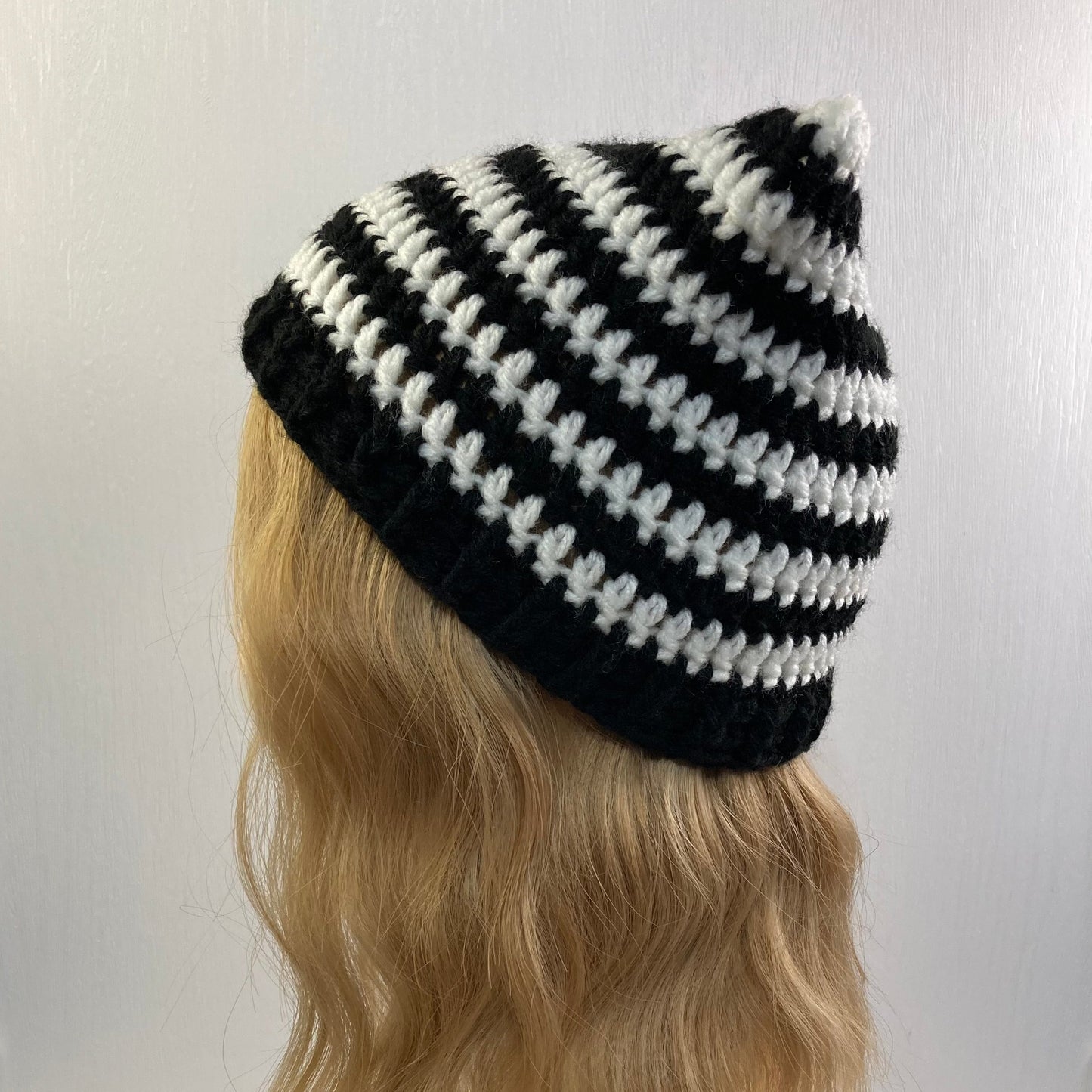 Crochet Cat Ear Beanie - Black and White