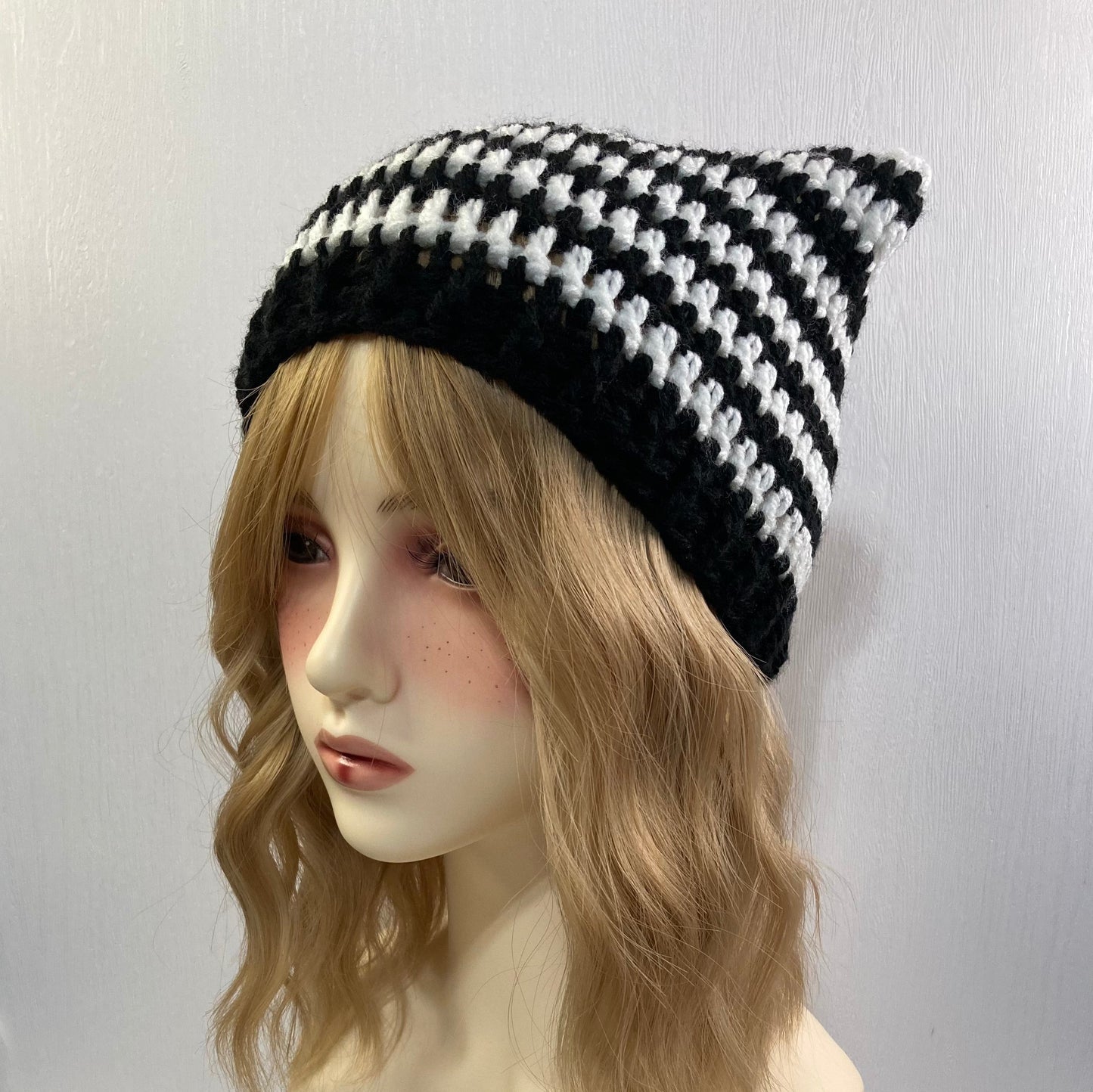 Crochet Cat Ear Beanie - Black and White