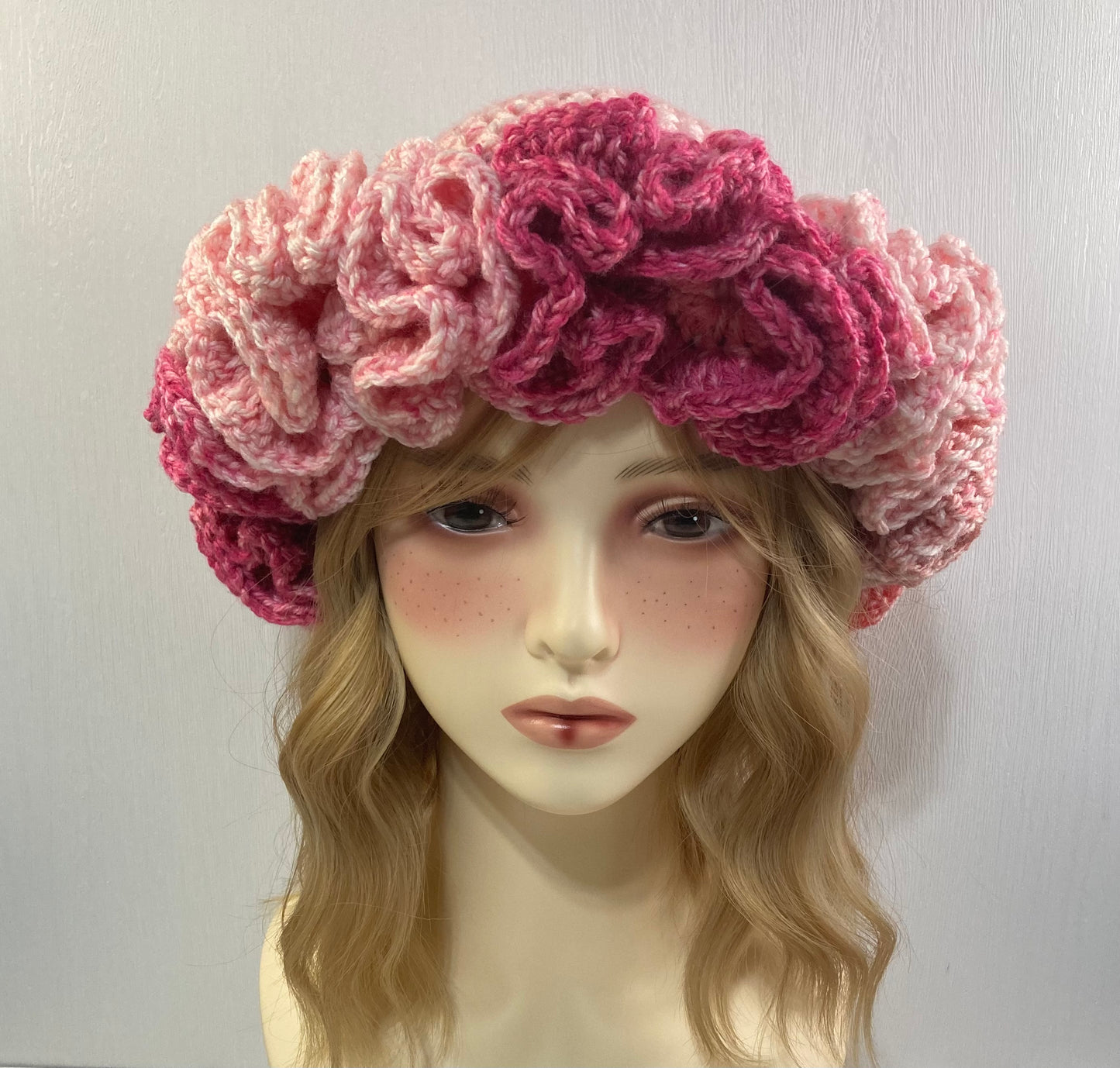 Ruffle Brim Crochet Hat - Abstract Pink Ombre