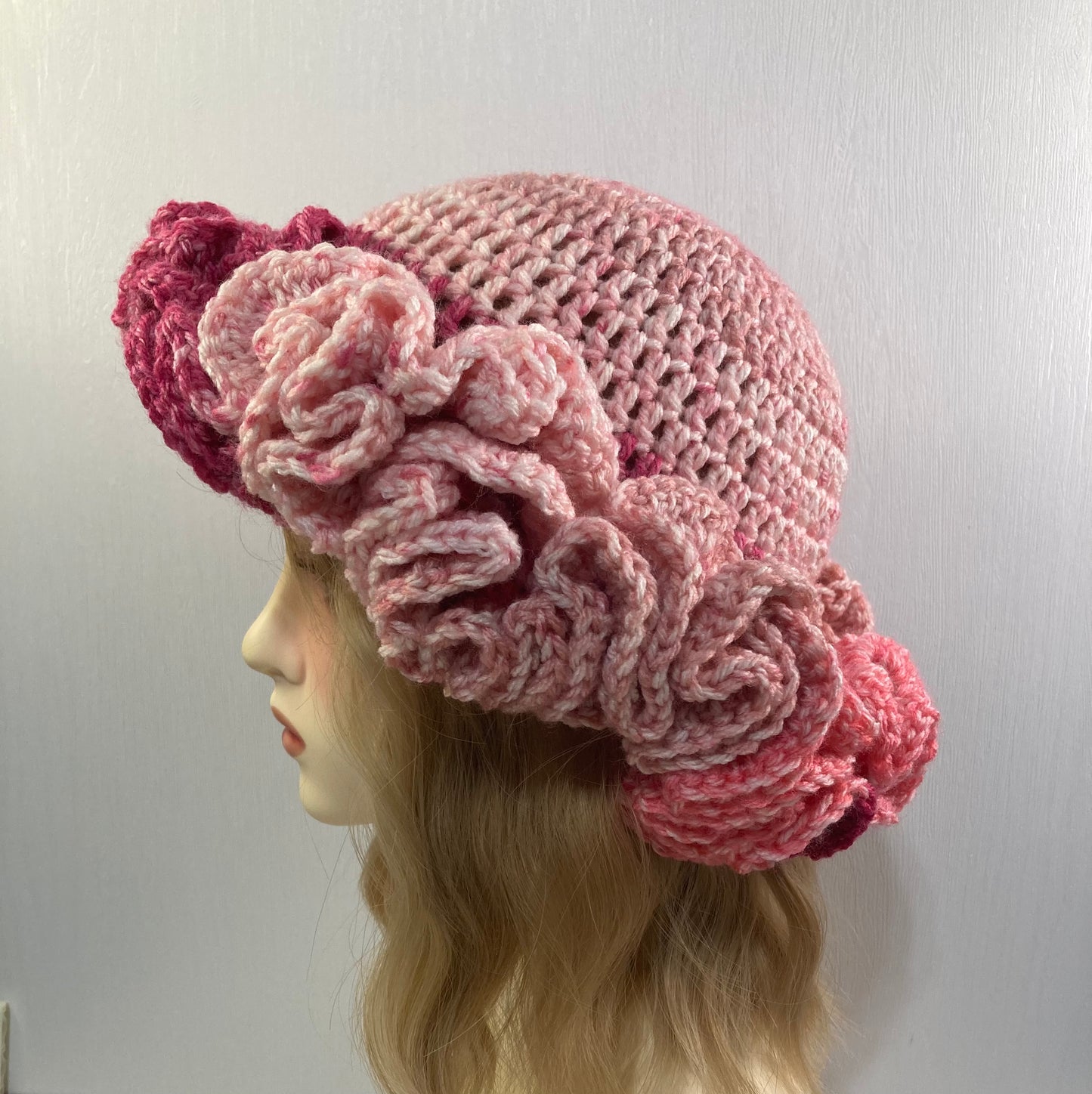 Ruffle Brim Crochet Hat - Abstract Pink Ombre