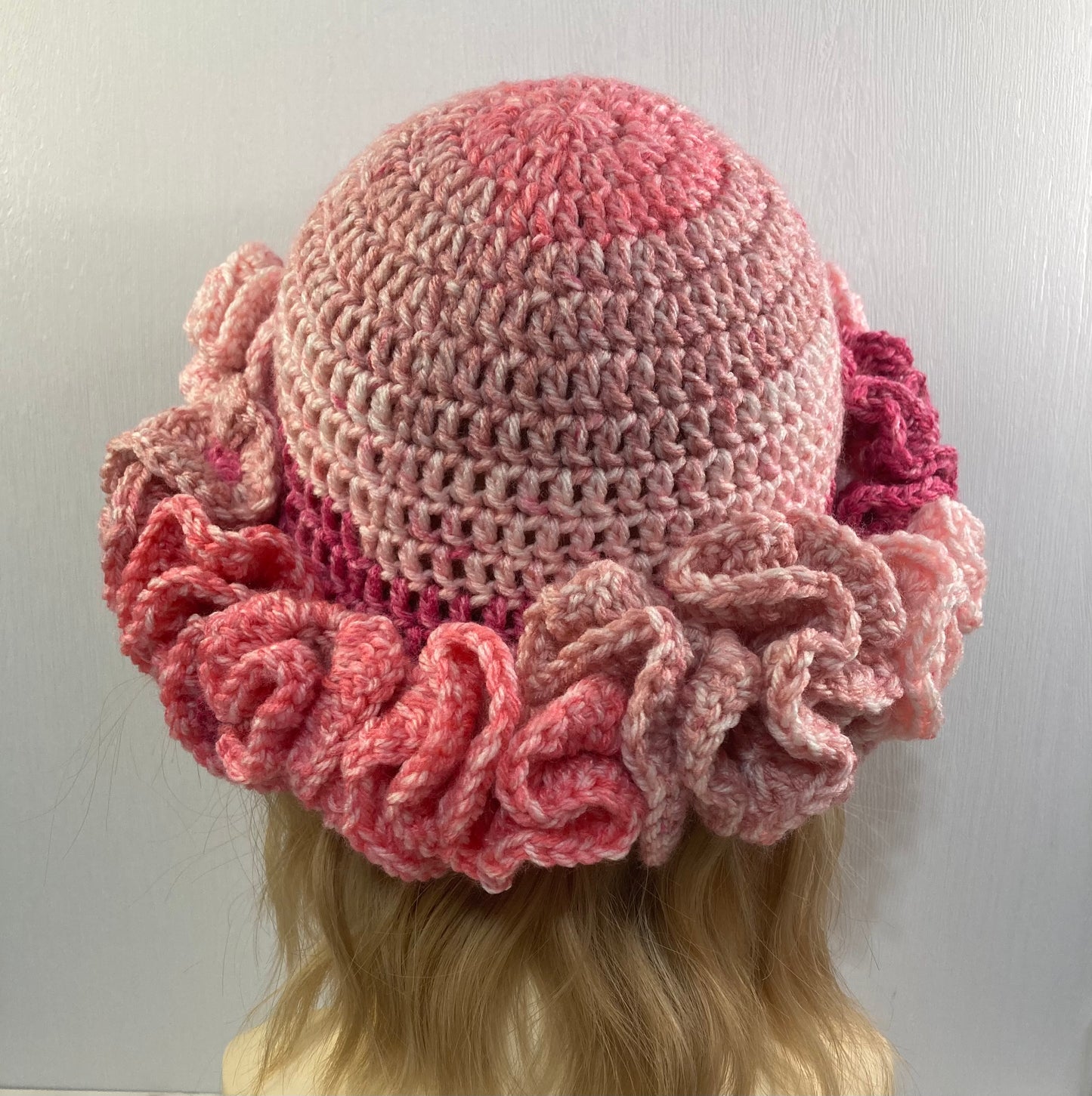 Ruffle Brim Crochet Hat - Abstract Pink Ombre