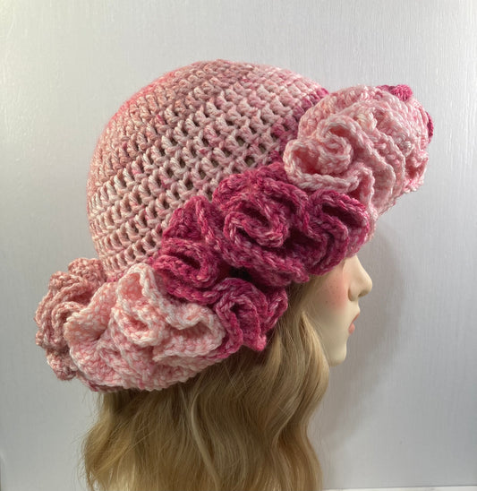 Ruffle Brim Crochet Hat - Abstract Pink Ombre