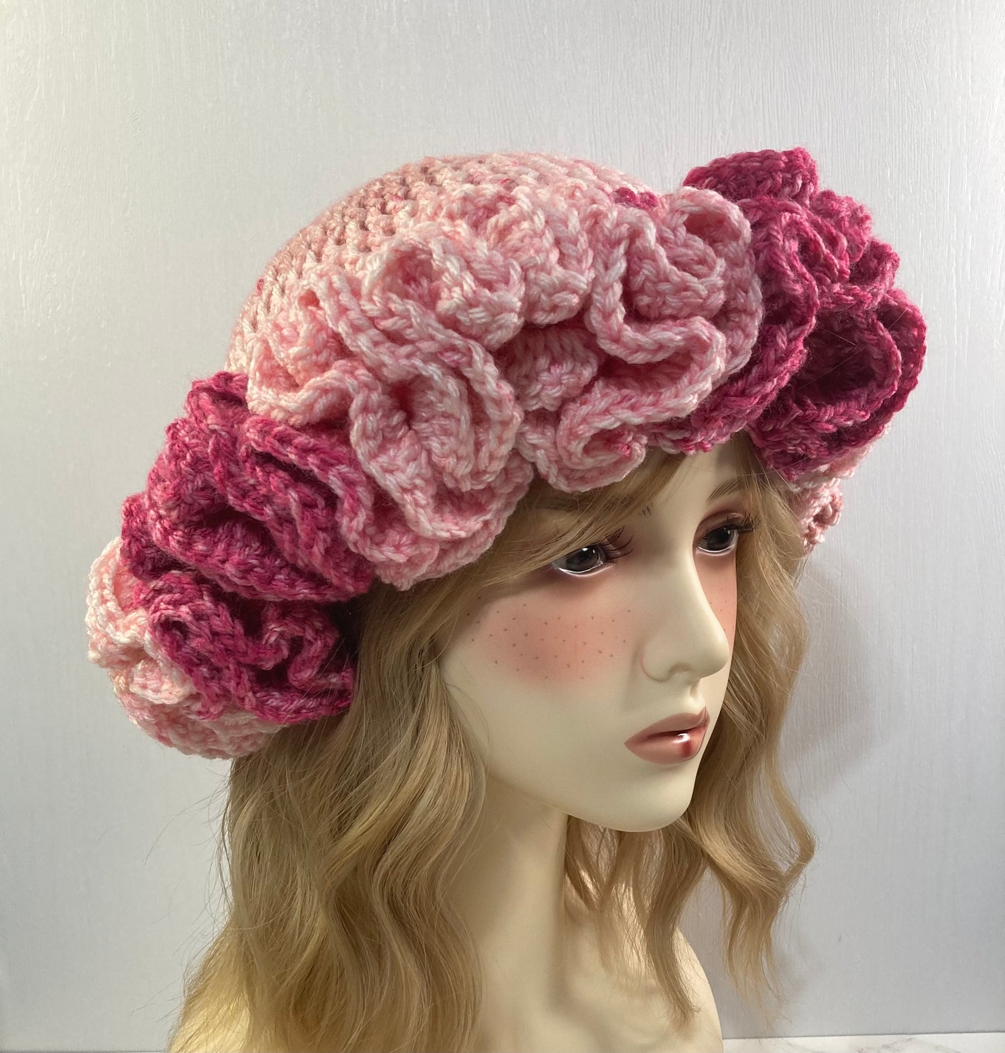 Ruffle Brim Crochet Hat - Abstract Pink Ombre