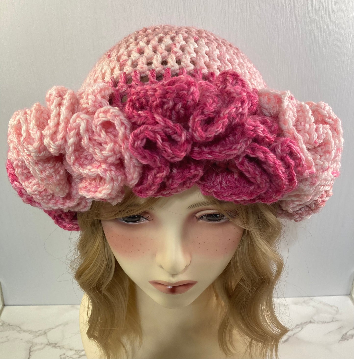 Ruffle Brim Crochet Hat - Abstract Pink Ombre